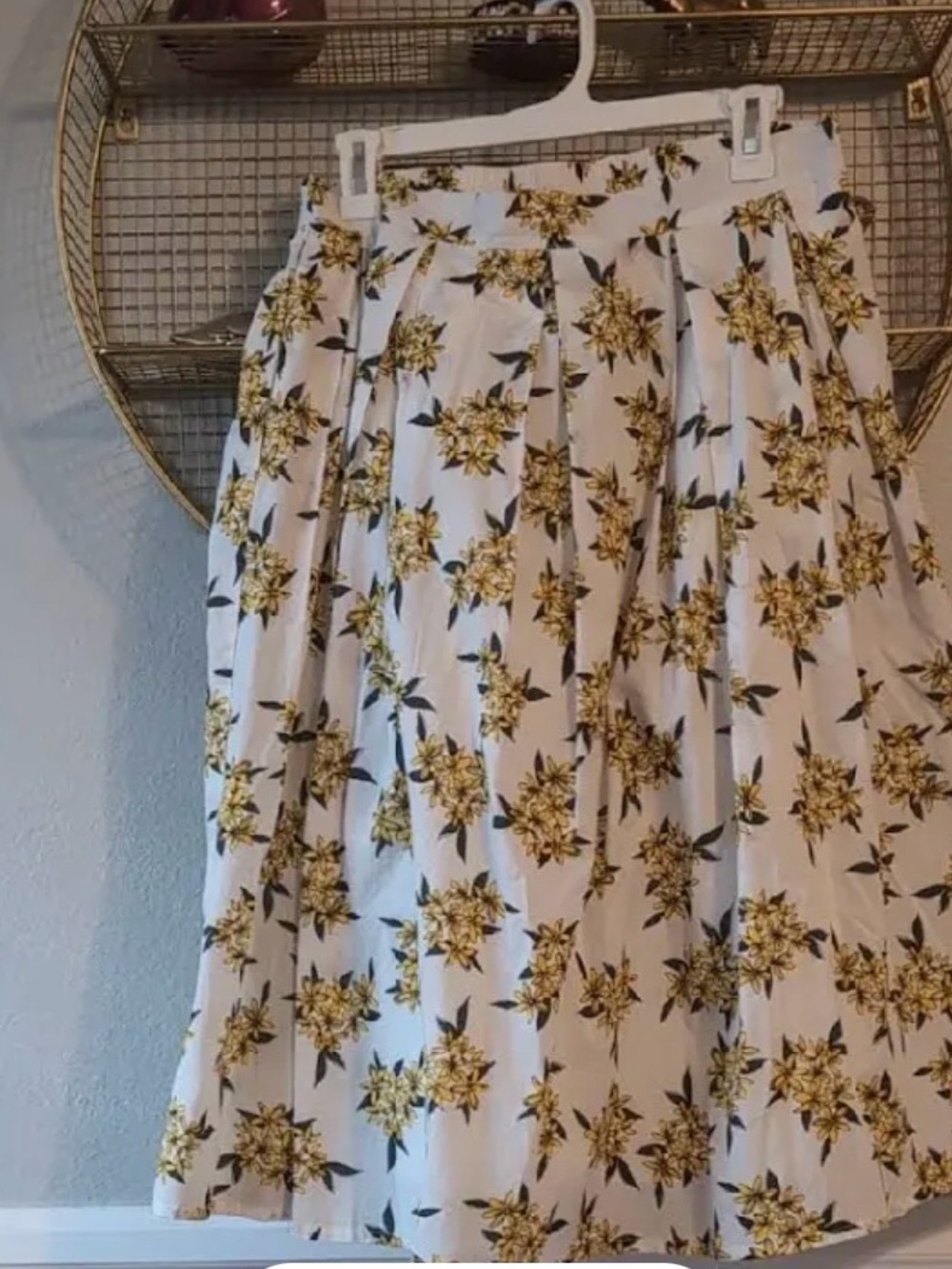 Tulip B Pleated White Midi Skirt with Yellow Floral Print